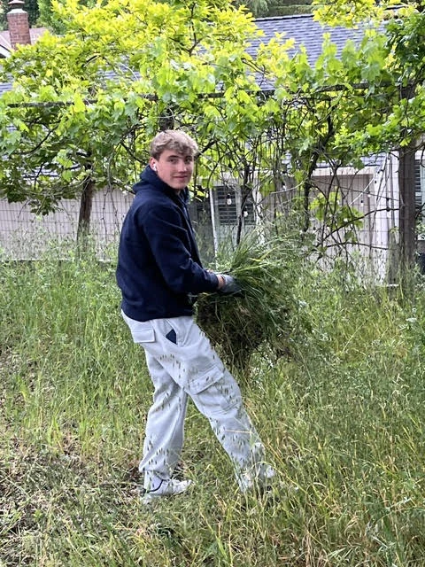 Tommy wearing gloves and pulling weeds during yardwork